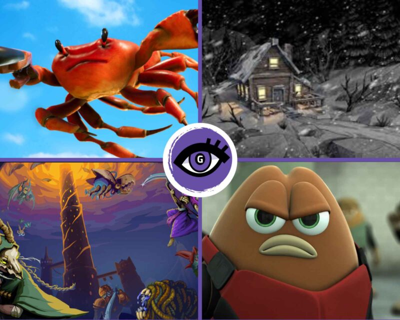 Skaczący krab, dom w zimowej zawierusze, ziarenko kawy z twarzą i w szaliku oraz wielkie tornado unoszące się do nieba - kolaż czterech obrazków z gier.