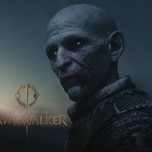 Na obrazku widoczny jest wampir z gry The Blood of Dawnwalker. Ma łysą głowę i bladą skórę. Cały obrazek jest bardzo ciemny. W lewym dolnym rogu znajduje się złote logo gry.