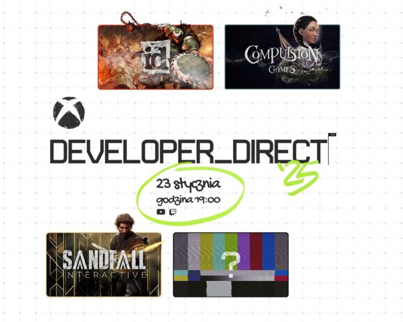 Na załączonym obrazku widzimy grafikę promującą wydarzenie Xbox Developer_Direct '25, które odbędzie się 23 stycznia o godzinie 19:00. Kluczowe elementy obrazu: Logo Xbox – znajduje się w lewym górnym rogu. Napis "DEVELOPER_DIRECT '25" – centralny element grafiki, napisany czcionką o futurystycznym charakterze. Data i godzina wydarzenia – wyróżnione na biało-zielonym tle: "23 stycznia, godzina 19:00", z ikonami wskazującymi na transmisję na platformach YouTube i Twitch. Zwiastowane studia i gry: id Software – w lewym górnym rogu, pokazana grafika nawiązująca do stylu „DOOM” lub podobnych dynamicznych gier akcji. Compulsion Games – w prawym górnym rogu, z wizerunkiem kobiety na tle klimatycznego artworku, co może zwiastować nowy projekt tego studia. Sandfall Interactive – w lewym dolnym rogu, z grafiką przedstawiającą postać mężczyzny w świecie science-fiction lub fantasy. Niespodzianka lub zapowiedź – w prawym dolnym rogu znajduje się obraz przypominający ekran testowy telewizji z symbolem pytajnika, co sugeruje niezapowiedziany projekt lub studio. Grafika wyraźnie wskazuje na wydarzenie, które zaprezentuje nowe gry i projekty związane z ekosystemem Xbox.