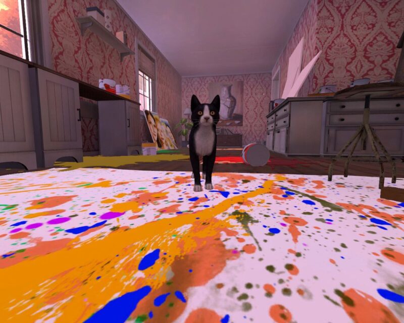 obrazek przedstawia czarno-białego kota w mieszkaniu, na białej podłodze widzimy rozlaną różnokolorową farbę, na drugim planie zaś różne jasne meble i tapetę w czerwone wzory, zrzut ekranu jest z gry Copycat