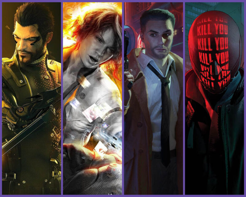 grafika przedstawia bohaterów gier w cyberpunkowym klimacie - deus ex, remember me, blade runner, ruiner