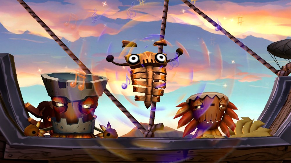 Fantastyczne stworzenia z plemienia Tiki Tak Tribe z gry Donkey Kong. W tle zachód słońca.