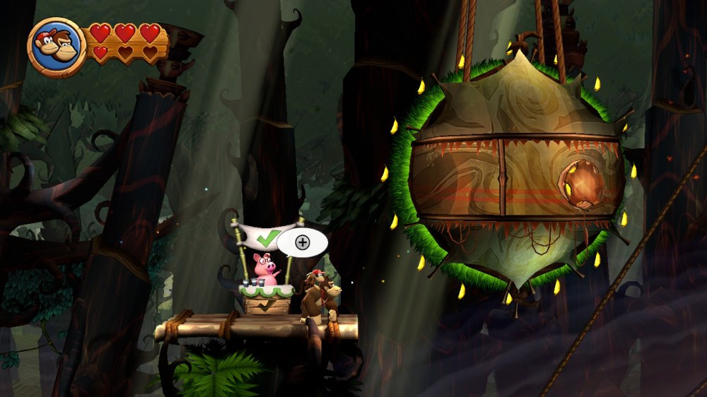 Checkpoint w grze Donkey Kong Country Returns HD. Pole checkpointu to stanowisko prowadzone przez różową świnkę. Obok znajdują się postaci Donkey i Diddy'ego.