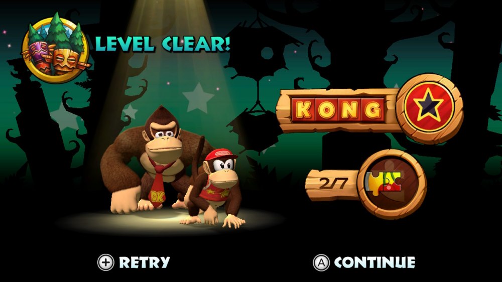 Ekran z gry – widzimy na nim podsumowanie zebranych znajdziek – liter KONG oraz puzzli z układanki.