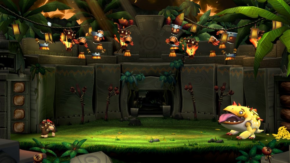 Walka z bossem w remasterze Donkey Konga z 2025 roku. Po lewej stronie widzimy graczy – Donkey i Diddy'ego Konga. Po prawej – ropuchowatego przeciwnika.