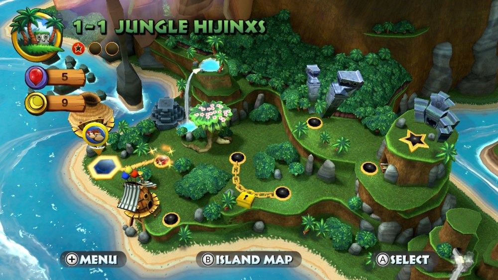 Widok mapy z gry Donkey Kong Country Returns HD. Pokazany świat: zielona dżungla otoczona wodą.