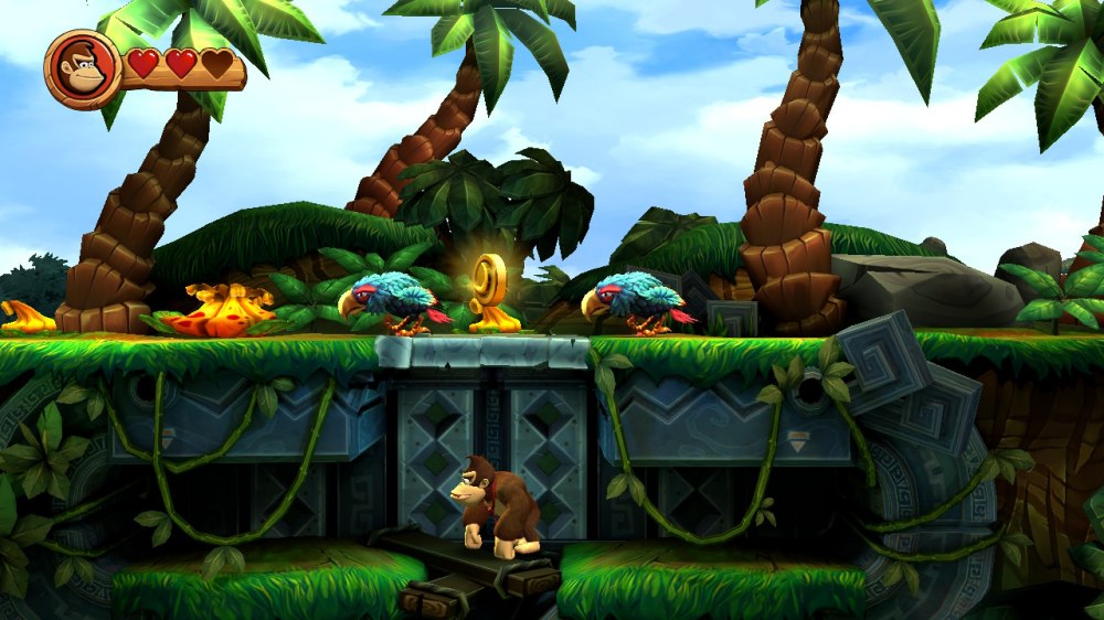 Papugi w dżungli w grze Donkey Kong 2025. Pod nimi w podziemiach kryje się postać Donkey Konga.