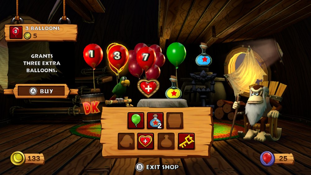 Sklep z ulepszeniami w grze – czerwone balony, zielone balony, serduszka, klucze i eliksiry ułatwiające poruszanie po grze.