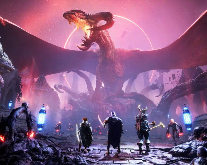 Obraz przedstawia scenę z gry "Dragon Age: The Veilguard", ukazującą bohaterów stających do w starcia z ogromnym smokiem w otoczeniu tajemniczych, mistycznych elementów.