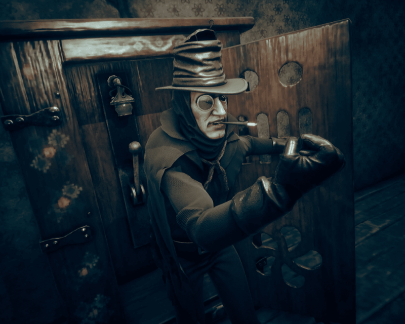 Na obrazku widzimy postać z gry „Moroi” – brutalnej gry akcji określanej jako mroczna baśń. Postać w groteskowym stroju, z kapeluszem i okularami, manipulująca przy zamku w ponurym, zniszczonym pokoju, idealnie oddaje mroczny klimat gry.