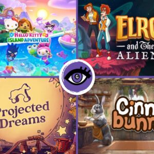 Grafika przedstawiająca okładki czterech gier familijnych zapowiedzianych na 2025 rok: Helloy Kitty, Elroy and the Aliens, Projected Dreams i Cinnabunny. Na pierwszej widzimy kotki Hello Kitty nad wodą, na drugiej – dwoje bohaterów – dziewczynę w długich włosach, wypełniającą dokumenty oraz chłopaka przypominającego naukowca z filmów z lat 90. Na trzeciej grafice widzimy cień na ścianie i zabawki, na czwartej – puchatego króliczka. Najciekawsze gry familijne 2025.