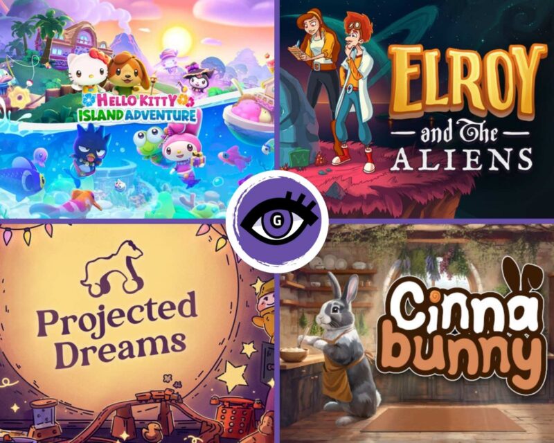 Grafika przedstawiająca okładki czterech gier familijnych zapowiedzianych na 2025 rok: Helloy Kitty, Elroy and the Aliens, Projected Dreams i Cinnabunny. Na pierwszej widzimy kotki Hello Kitty nad wodą, na drugiej – dwoje bohaterów – dziewczynę w długich włosach, wypełniającą dokumenty oraz chłopaka przypominającego naukowca z filmów z lat 90. Na trzeciej grafice widzimy cień na ścianie i zabawki, na czwartej – puchatego króliczka. Najciekawsze gry familijne 2025.