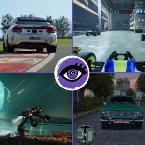Najciekawsze gry wyścigowe z premierą w 2025. W lewym górnym rogu: zrzut ekranu z gry Assetto Corsa Evo – biały samochód jadący po torze wyścigowym. W prawym górnym rogu: zrzut ekranu z gry Volt Recharge – małe samochodziki ścigają się pomiędzy półkami w supermarkecie. W lewym dolnym rogu: zrzut ekranu z gry Exo Rally Championship – łazik jadący przez obcą planetę, w tle widać spadające meteoryty. W dolnym prawym rogu: zrzut ekranu z gry Szrot – samochód jadący przez ulicę Belgradu, grafika stylizowaną na tę z lat 90. XX wieku.