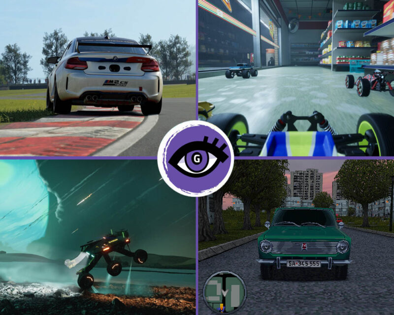 Najciekawsze gry wyścigowe z premierą w 2025. W lewym górnym rogu: zrzut ekranu z gry Assetto Corsa Evo – biały samochód jadący po torze wyścigowym. W prawym górnym rogu: zrzut ekranu z gry Volt Recharge – małe samochodziki ścigają się pomiędzy półkami w supermarkecie. W lewym dolnym rogu: zrzut ekranu z gry Exo Rally Championship – łazik jadący przez obcą planetę, w tle widać spadające meteoryty. W dolnym prawym rogu: zrzut ekranu z gry Szrot – samochód jadący przez ulicę Belgradu, grafika stylizowaną na tę z lat 90. XX wieku.