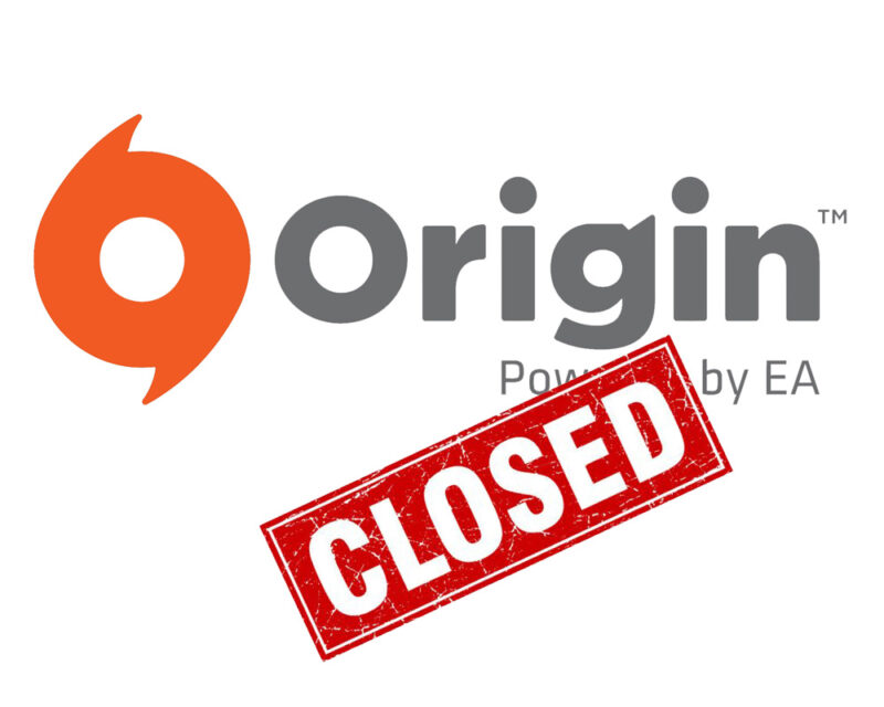 Obrazek przedstawia logo platformy Origin z postawioną nań czerwoną pieczątką z napisem „closed", obrazując zakończenie jej działania.