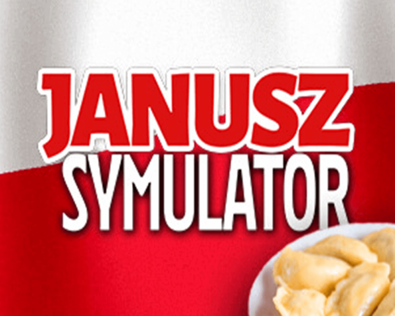 Grafika przedstawia napis Janusz Symulator na tle polskiej flagi, z biało-czerwonym gradientem. W prawym dolnym rogu widoczny jest talerz z pierogami.