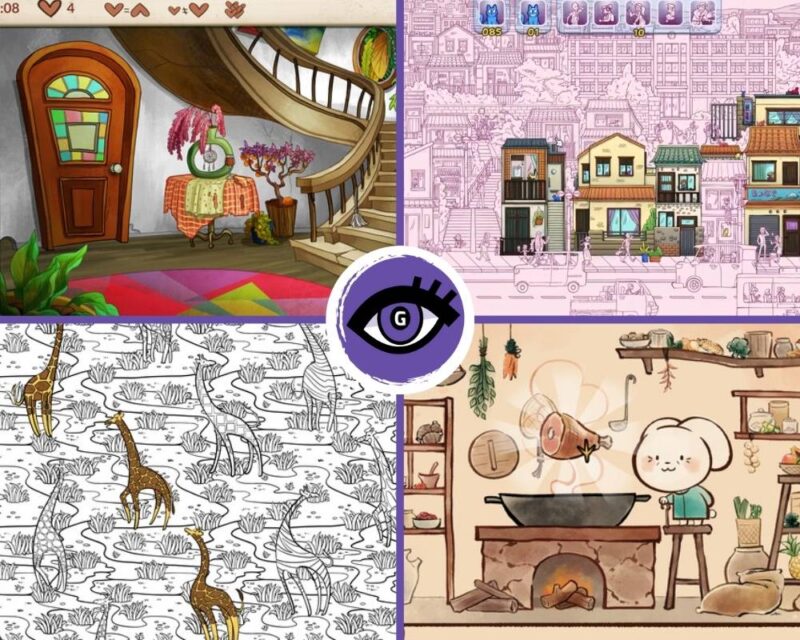 Grafika przedstawia kolaż z czterech gier z gatunku hidden object: w lewym górnym rogu jest to gra Nora: In Search of Hidden Ingredients na którym widzimy drzwi i schody przytulnego domku. W lewym dolnym rogu jest to grafika przedstawiająca czarno-biały rysunek z wyróżnionymi na żółto żyrafami. W prawym górnym rogu znajduje się rysunek z kolorowymi elementami architektury z Tokyo. W prawym dolnym rogu znajduje się obrazek w stylu rysunkowym gdzie królik stoi przy kotle gotującym danie.