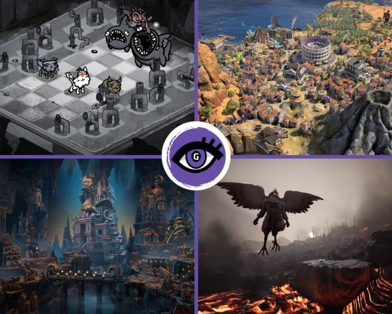 grafika przedstawia kolaż zrzutów ekranu z czterech gier: w lewym górnym rogu widzimy czarno-białą szachownicę z kamiennymi figurami i rysowanymi kotami i dużymi czarnymi potworami, w prawym górnym rogu małe budynki składające się na miastu na brzegu morza, w lewym dolnym rogu widzimy budynki w jaskinii, na pierwszym planie most i wodę, w prawym dolnym rogu zaś widzimy latającego stwora, pod nim lawa. Na środku kolażu logo Grajmerek: oko z rzęsami i fioletową tęczówką na fioletowym tle