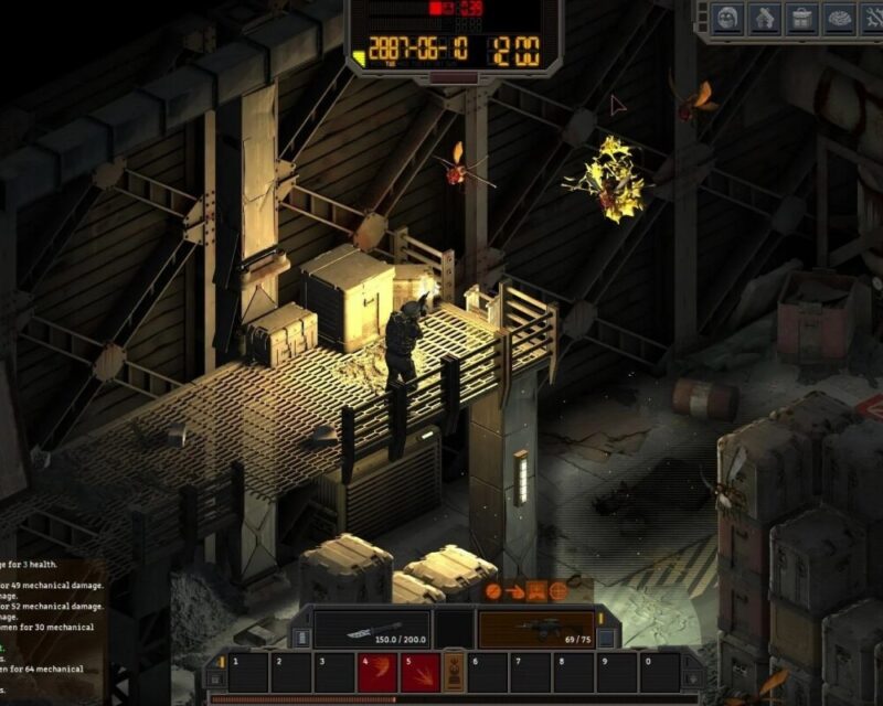 Na obrazku widać zrzut ekranu z gry Underrail 2, przedstawiający rozgrywkę w futurystycznym, postapokaliptycznym świecie. Scena pokazuje postać gracza walczącą z latającymi wrogami w przemysłowym, mrocznym otoczeniu. Postać stoi na metalowej platformie otoczonej barierkami, używając broni palnej, podczas gdy wrogowie, przypominający owady, atakują z powietrza. W interfejsie widoczne są informacje o stanie zdrowia, amunicji oraz ikony akcji, co podkreśla taktyczny charakter gry. Sceneria zawiera detale, takie jak skrzynie, metalowe konstrukcje i elementy zniszczonej infrastruktury.