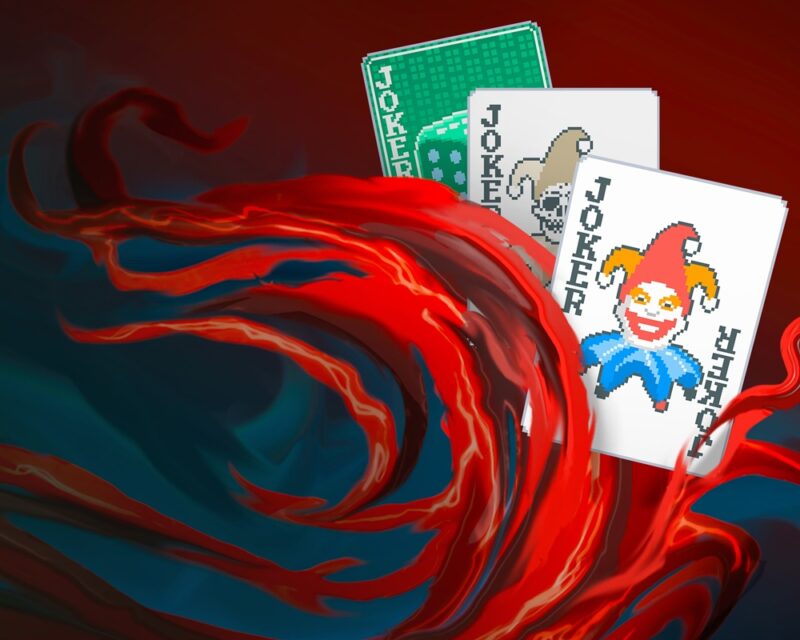 Ilustracja do artykułu o recenzji gry Balatro, przedstawia trzy karty do gry z jokerami w stylu pikselowej grafiki. Jedna z kart ma kolorowy wizerunek błazna w czerwono-niebieskim stroju, a druga przedstawia błazna w odcieniach szarości. Trzecia karta, częściowo widoczna, ma zielony rewers z białymi napisami 'JOKER'. Karty unoszą się w dynamicznej kompozycji, otoczone wijącymi się, czerwonymi, płomienistymi kształtami na ciemnym tle, tworząc efektowny i dramatyczny klimat.