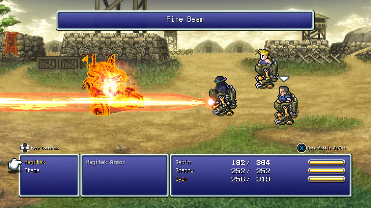 Ekran walki. Bohaterowie korzystają z maszyn kroczących zwanych Magitek Armorami