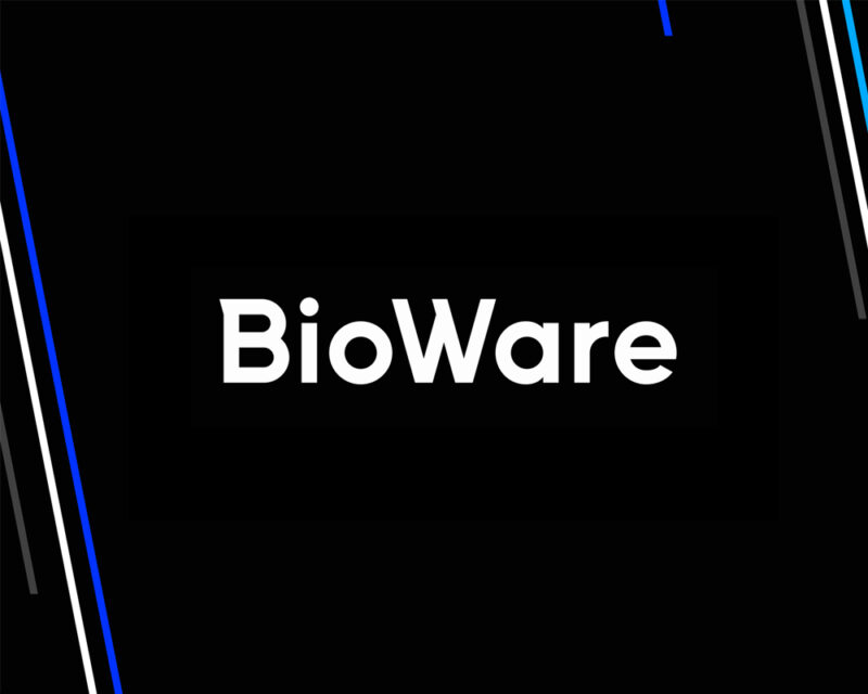 Grafika przedstawia białe logo BioWare na czarnym tle.