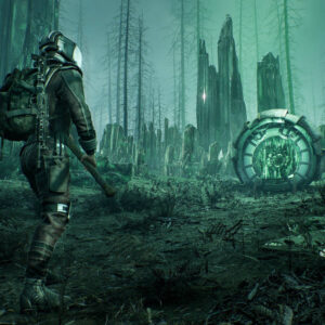 Na obrazku znajduje się bohater gry Chernobylite 2: Exclusion Zone. Zmierza on w stronę okrągłego portalu. Cała grafika jest w odcieniach zieleni i wygląda postapokaliptycznie i dystopijnie.