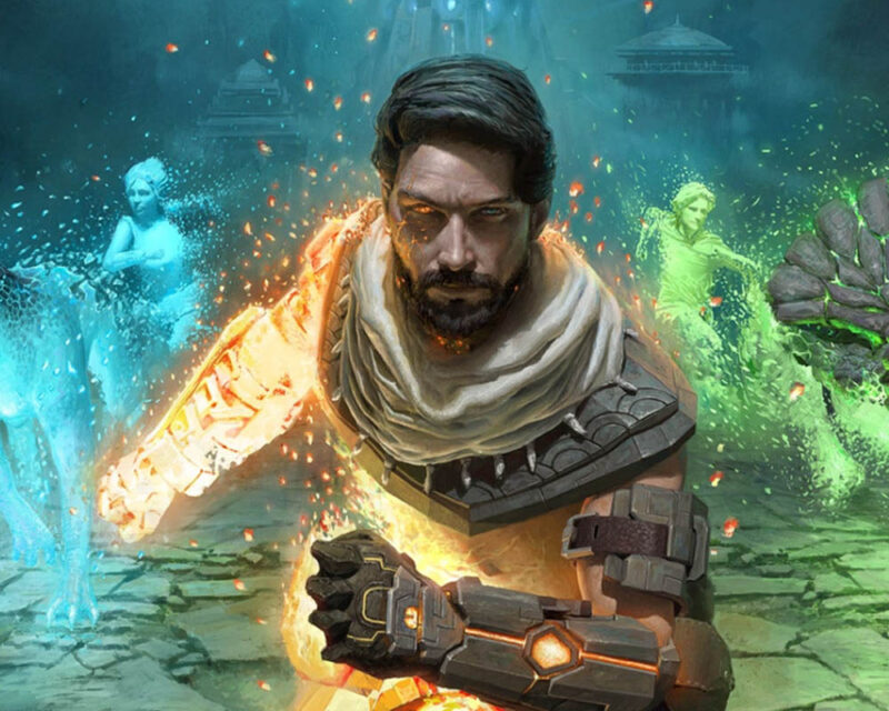 Obraz przedstawia dynamiczną scenę z gry Coridden, ukazującą bohatera otoczonego magicznymi efektami i postaciami.