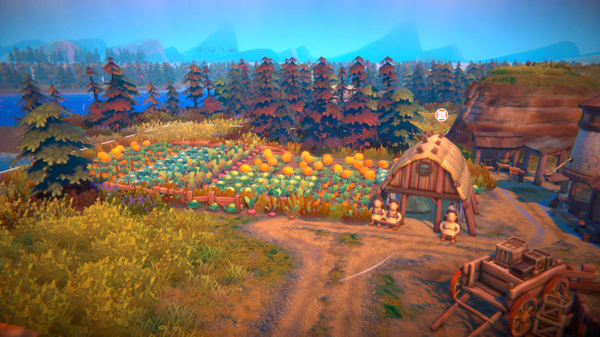 Na tym obrazku widać uroczą, bajkową farmę, która najprawdopodobniej jest elementem gry strategicznej lub symulacyjnej.

Oto szczegółowy opis:

Pole uprawne: Na pierwszym planie znajduje się pole z rzędami dojrzałych dyń. Dynie są duże, okrągłe i mają intensywny pomarańczowy kolor.
Chatka: W centralnej części obrazu widzimy małą chatkę z brązowym, spadzistym dachem. Wygląda na przytulne, wiejskie schronienie.
Figurki ludzi: Przed chatką stoją dwie małe figurki, prawdopodobnie przedstawiające mieszkańców farmy. Ubrane są w proste, chłopskie ubrania.
Studnia: Po prawej stronie chatki znajduje się drewniana studnia z kołem, służąca do czerpania wody.
Wóz: W prawym dolnym rogu widać fragment drewnianego wozu z kołami. Obok wozu leżą jakieś przedmioty, być może narzędzia rolnicze.
Drzewa i roślinność: W tle widać gęsty las z wysokimi drzewami iglastymi. Po lewej stronie znajduje się mniejsze skupisko drzew i krzewów.
Jezioro: W oddali, za lasem, widać małe jezioro lub staw.
Teren pagórkowaty: Teren, na którym znajduje się farma, jest lekko pagórkowaty, co dodaje naturalności krajobrazowi.
Styl graficzny: Obrazek ma jasną, kolorową grafikę, typową dla gier familijnych lub symulacyjnych. Wszystkie elementy są szczegółowoRendered z dbałością o detale.
Całość tworzy spokojną, idylliczną scenę z życia na wsi. Obrazek sugeruje, że farma jest dobrze prosperująca, a jej mieszkańcy żyją w harmonii z naturą.