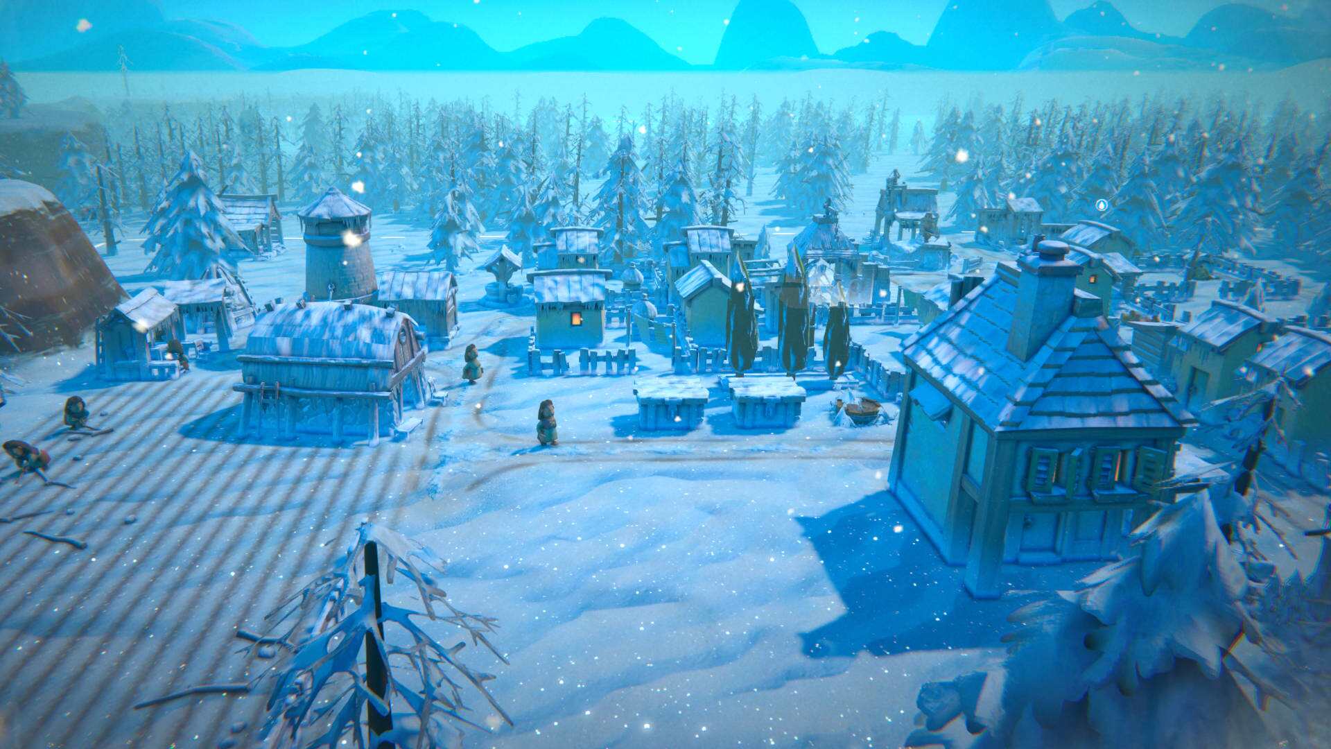 Krajobraz: Miasteczko jest zasypane śniegiem, widać ośnieżone dachy budynków, drzewa i ulice. Krajobraz jest mroźny, z dominującymi odcieniami bieli i błękitu. W oddali widać góry i doliny, również pokryte śniegiem.
Budynki: W centralnej części obrazka znajduje się kilka budynków o różnej wielkości i architekturze. Są to typowe, drewniane domy z spadzistymi dachami, charakterystyczne dla zimowych krajobrazów. Budynki mają oświetlone okna, co sugeruje, że wewnątrz toczy się życie.
Wieża: Na wzgórzu po lewej stronie wznosi się wieża, prawdopodobnie strażnicza lub obronna. Jest to najwyższy punkt w miasteczku.
Droga: Przez miasteczko prowadzi ośnieżona droga, która wije się między budynkami. Widać na niej ślady, co sugeruje, że ktoś tędy chodził lub jeździł.
Postacie: Na obrazku widać kilka małych postaci, ubrane w zimowe ubrania. Dodają one miasteczku życia i ruchu.
Efekty graficzne: Na obrazku widać delikatne, padające płatki śniegu, co dodaje zimowej atmosfery. Grafika jest szczegółowa, z dbałością o detale, takie jak faktura śniegu, oświetlenie budynków i detale architektoniczne.
Całość tworzy spokojną, zimową scenerię, która zachęca do odkrywania tego wirtualnego miasteczka. 