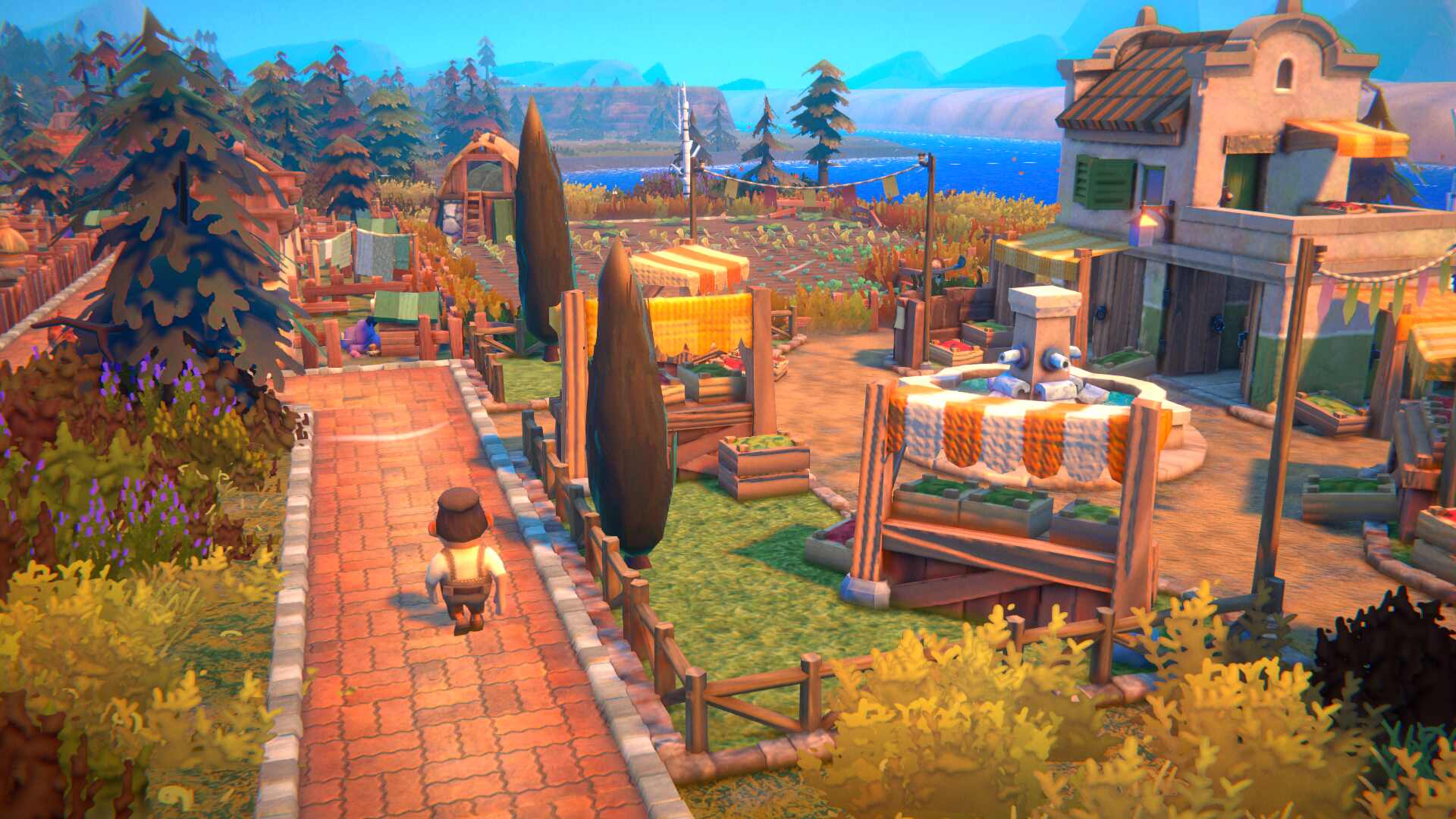 Na pierwszym planie znajduje się ulica w małym miasteczku. Ulica jest wybrukowana cegłami i prowadzi przez całe miasto. Po obu stronach ulicy stoją domy z czerwonymi dachami. Domy są różnej wielkości i mają okna z okiennicami.

Wzdłuż ulicy rosną drzewa i kwiaty. Na ulicy stoi również fontanna.

W oddali widać duże jezioro i góry. Nad jeziorem unosi się mgła.

Na pierwszym planie, po lewej stronie, widać małą postać ludzką. Postać jest ubrana w brązowe ubranie i ma kapelusz na głowie.

Całość utrzymana jest w jasnej, kolorowej stylistyce, co nadaje grze przyjemny i bajkowy charakter. Obrazek sugeruje, że Fabledom to gra, która pozwoli graczom przenieść się do magicznego świata, gdzie będą mogli budować swoje własne królestwo i przeżywać niezapomniane przygody.