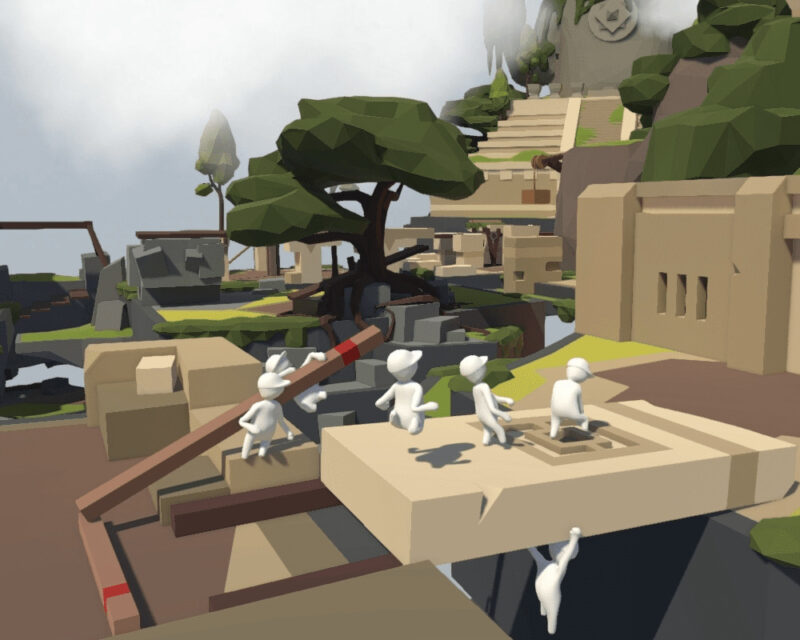Human Fall Flat wyniki sprzedaży, na obrazku sześć białych postaci, które rozwiązują zagadkę w jakiejś dżungli, z tyłu świątynie