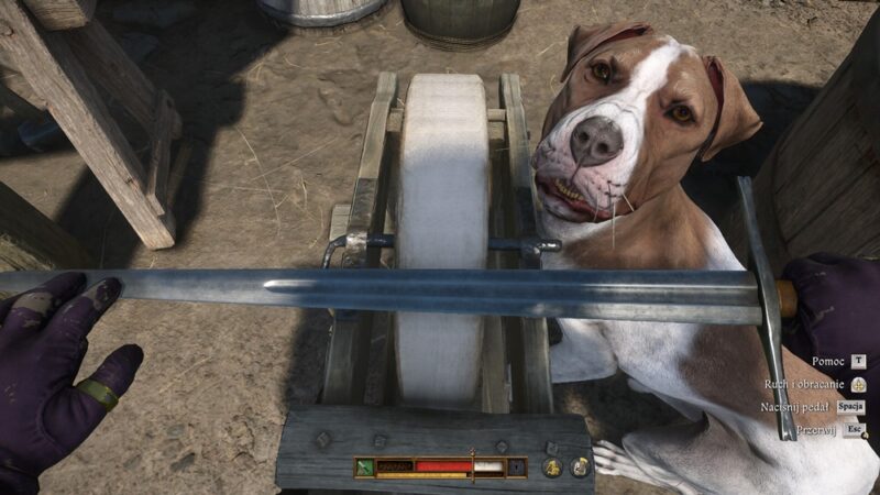 Koło brusu na środku, które jesy używane do ostrzenia miecza trzymanego przez bohatera. Obok koła siedzi brązowo-biały pies.