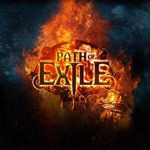 Obrazek przedstawia logo gry Path of Exile otoczone płomieniami na mrocznym, ciemnym tle.