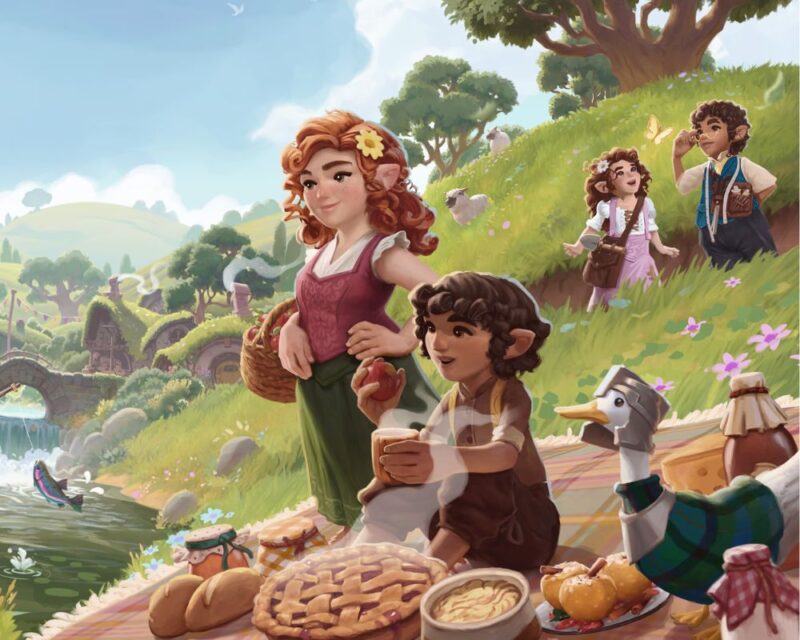 Obrazek pokazuje małe postacie na pikniku na zielonej łące. Mają chleb, ciasto i inne jedzenie, a obok nich siedzi gęś w hełmie. W tle widać pagórki, domki wbudowane w ziemię, mostek i strumień.