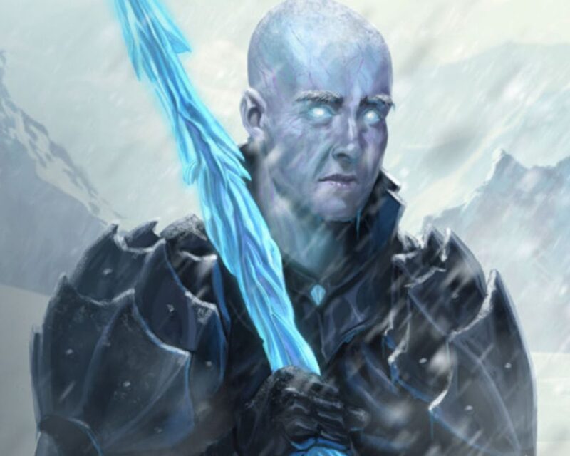 Obrazek przedstawia wojownika ubranego w czarną zbroję. Ma błękitną, popękaną skórę i świecące oczy. Trzyma broń wykonaną z lodu, a wokół niego szaleje śnieżna burza w górskim otoczeniu.