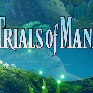 Tytuł gry w środku, w tle ciemny las, drzewa i świetliki.