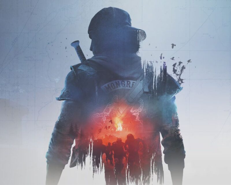 Obraz przedstawia mężczyznę widzianego od tyłu, ubranego w czapkę i kurtkę z naszywką. Na plecach ma schowaną broń. Jego sylwetka łączy się ze sceną, w której grupa zombie biegnie w stronę ognia.