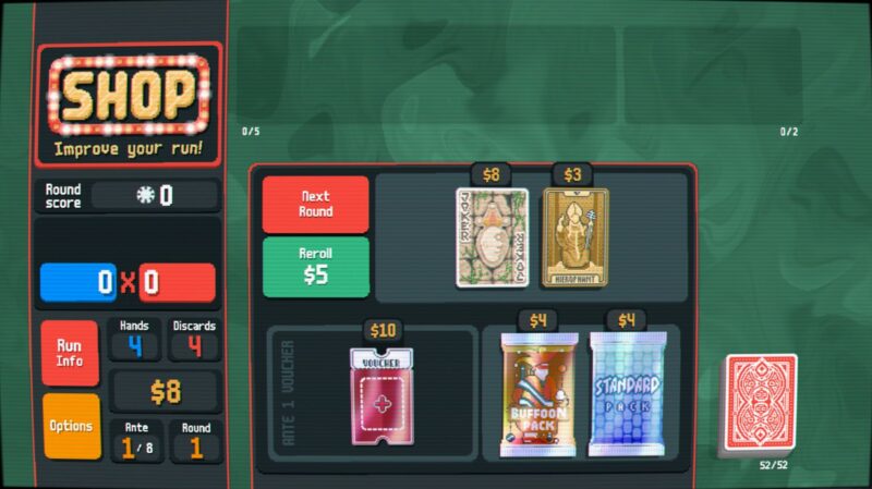Zrzut ekranu ze sklepu w grze karcianej. W lewym górnym rogu znajduje się podświetlony napis 'SHOP' z dopiskiem 'Improve your run!'. Po lewej stronie ekranu widnieją informacje o aktualnej rozgrywce: wynik rundy (0), liczba rozegranych rąk (4), odrzuconych kart (4) oraz dostępna gotówka ($8). Po prawej stronie prezentowane są dostępne przedmioty do zakupu, w tym karty 'Joker' ($8) i 'Hierophant' ($3), voucher ($10) oraz dwa pakiety kart: 'Buffoon Pack' ($4) i 'Standard Pack' ($4). W środkowej części ekranu znajdują się dwa przyciski: 'Next Round' (czerwony) oraz 'Reroll' za $5 (zielony). W prawym dolnym rogu leży talia kart z czerwonym rewersem i oznaczeniem 52/52.