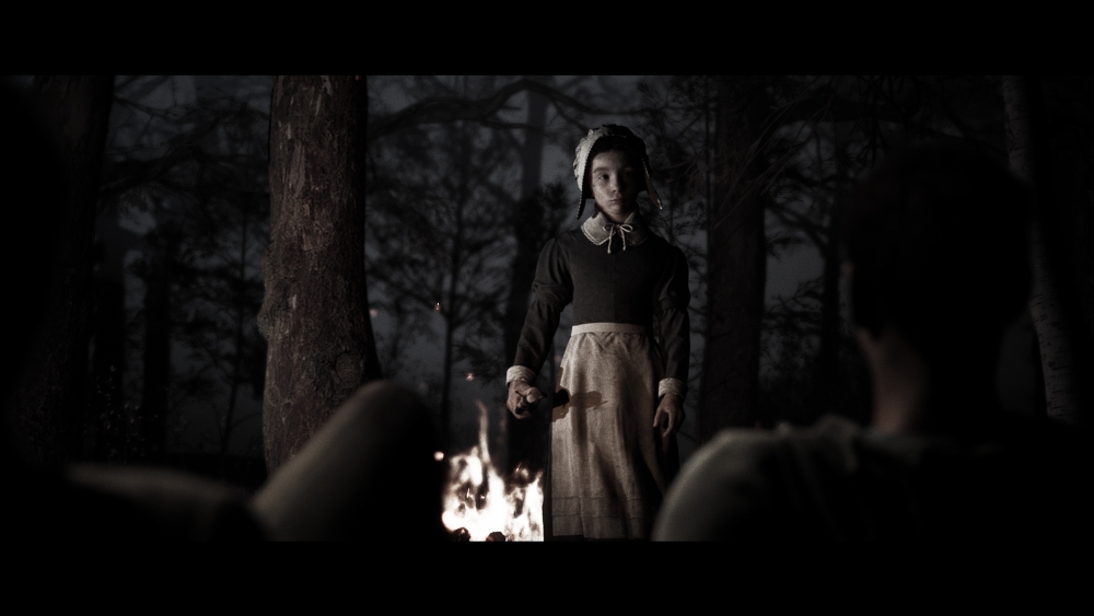 Przerażająca dziewczynka w stroju z epoki, w tle ogień. Noc