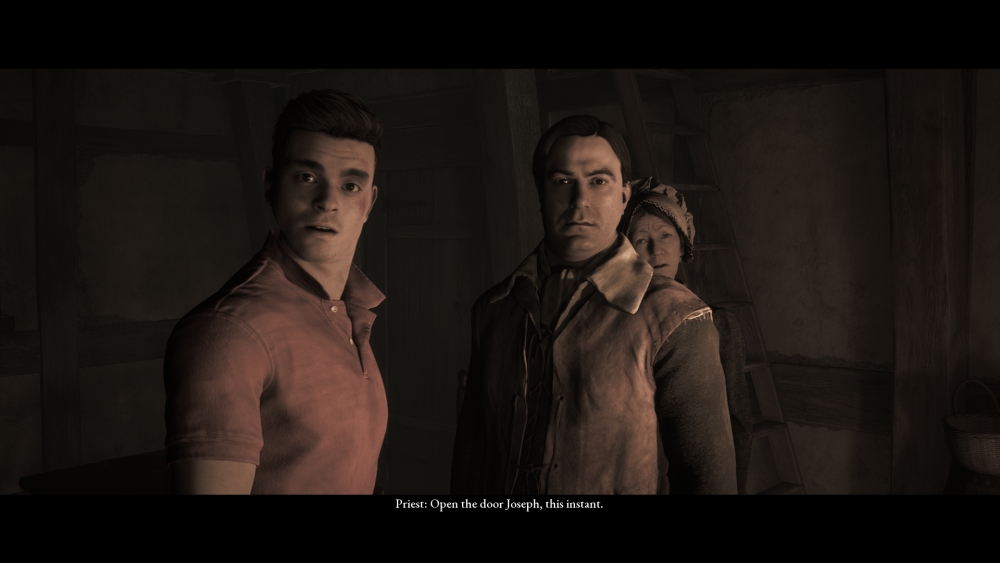 Cutscenka, dialog z gry, trzy osoby, dwóch mężczyzn z przodu, jedna kobieta z tyłu