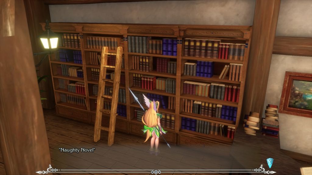 Kobieta szuka książek w bibliotece. Obok regału z książkami stoi drabina.