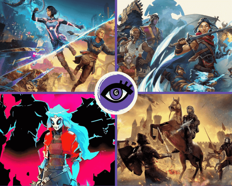 Grafika promująca artykuł o najciekawszych grach akcji w 2025 roku. Składa się z czterech dynamicznych ilustracji przedstawiających różne tytuły – futurystyczną walkę w świecie science-fiction, epicką przygodę fantasy, neonowego bohatera z czaszkową maską oraz starcie średniowiecznych wojowników z nowoczesnym żołnierzem. W centrum obrazu znajduje się logo portalu Grajmerki,