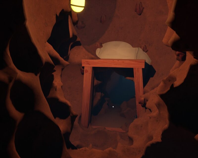 A Game About Digging A Hole popularność, obraz pod ziemią, widać wejście jakby do jakieś kopalni, drogę oświetla lampa