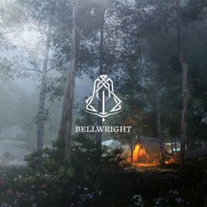 Logo gry Bellwright na tle z lasem, w którym pali się ognisko - premiera Xbox