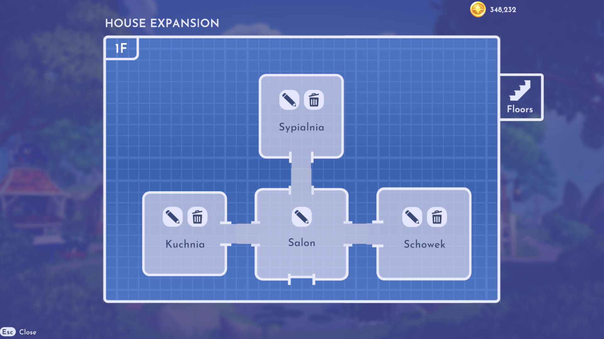 Tytuł: W lewym górnym rogu widnieje napis "HOUSE EXPANSION" (Rozbudowa Domu).
Poziom: Pod tytułem znajduje się oznaczenie "1F", co prawdopodobnie oznacza pierwsze piętro.
Plan domu: Na środku ekranu widoczny jest schemat rozkładu pomieszczeń na pierwszym piętrze.
Pomieszczenia: W planie zaznaczone są następujące pomieszczenia:
Sypialnia
Kuchnia
Salon
Schowek
Interakcje: Przy każdym pomieszczeniu znajdują się ikony ołówka i kosza na śmieci, sugerujące możliwość edycji i usuwania pomieszczeń.
Przycisk "Floors": W prawym górnym rogu znajduje się przycisk "Floors" (Piętra), który prawdopodobnie służy do przełączania między piętrami domu.
Waluta: W prawym górnym rogu widoczna jest ikona monety i liczba 348,232, co prawdopodobnie oznacza ilość posiadanej waluty w grze.
Przycisk "Esc Close": W lewym dolnym rogu znajduje się przycisk "Esc Close" (Zamknij), który służy do wyjścia z ekranu rozbudowy domu.
Tło: Tło ekranu jest niebieskie z siatką, co przypomina papier milimetrowy, używany do planowania i projektowania.