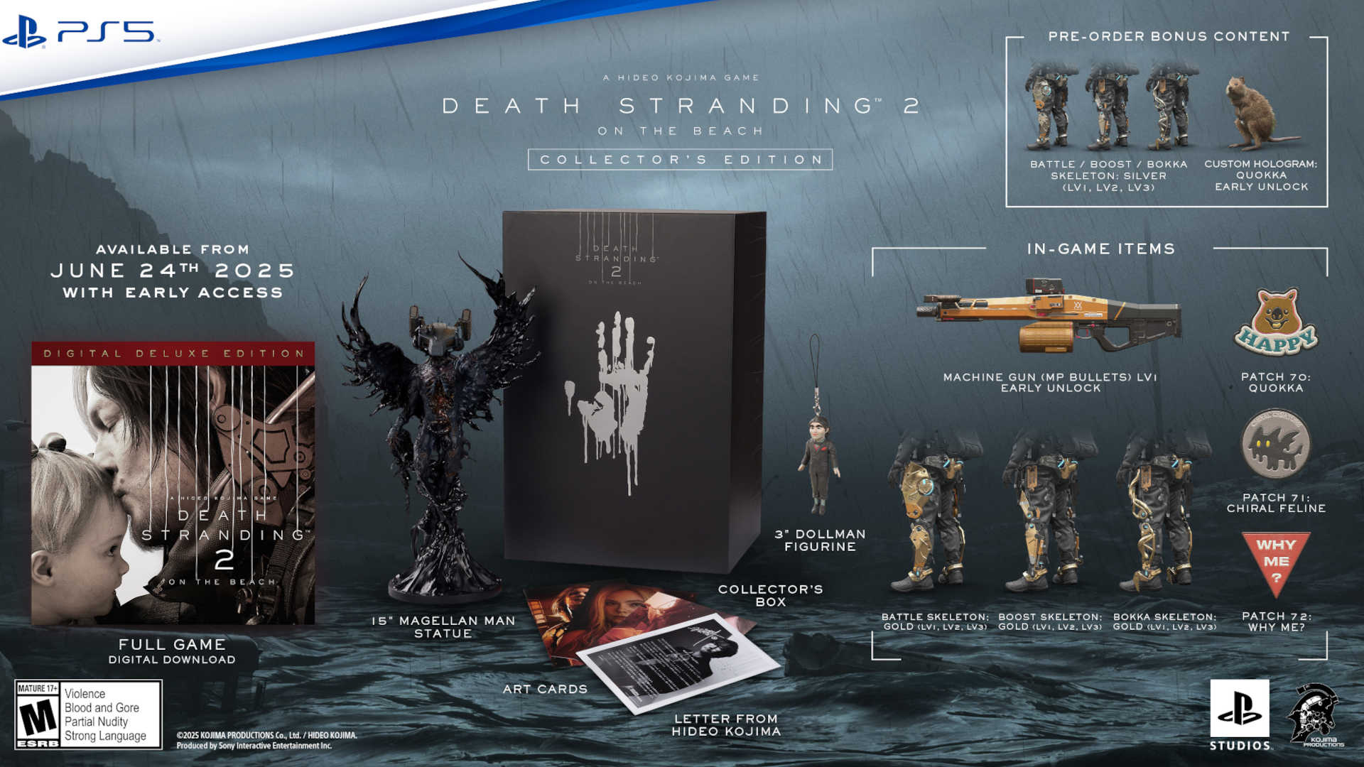 Oczywiście, oto szczegółowy opis obrazu:
Obraz przedstawia edycję kolekcjonerską gry "Death Stranding 2: On the Beach" na konsolę PlayStation 5. Jest to oficjalna prezentacja zawartości tego specjalnego wydania.
Główne elementy obrazu:
Centralny punkt: Duże, czarne pudełko kolekcjonerskie z białą grafiką dłoni i napisem "Death Stranding 2". Obok pudełka znajduje się figurka "Magellan Man" oraz mniejsza figurka "Dollman".
Lewa strona: Okładka gry w edycji cyfrowej deluxe, przedstawiająca scenę z gry. Pod spodem znajduje się informacja o dostępności gry od 24 czerwca 2025 roku z wczesnym dostępem.
Prawa strona: Prezentacja zawartości dodatkowej (bonusy za przedpremierowe zamówienie i przedmioty w grze). Widoczne są m.in. figurki postaci w złotych pancerzach, "Custom Hologram Quokka", "Machine Gun (MP Bullets) LV1" oraz łatki z grafikami.
Dolna część: Dodatkowe elementy edycji kolekcjonerskiej, takie jak karty z grafikami i list od Hideo Kojimy.
Logo i ocena wiekowa: W lewym dolnym rogu widoczne jest logo ESRB z oceną "M" (Mature 17+) oraz logo studia Kojima Productions.
Szczegółowy opis elementów:
Pudełko kolekcjonerskie: Czarne, matowe pudełko z minimalistyczną grafiką. W centrum znajduje się biała dłoń, a pod nią napis "Death Stranding 2".
Figurka "Magellan Man": Duża, czarna figurka przedstawiająca postać z gry. Jest umieszczona na postumencie.
Figurka "Dollman": Mniejsza, szczegółowa figurka wisząca na sznurku.
Okładka gry: Przedstawia scenę z gry, na której widoczna jest postać kobieca trzymająca dziecko. W tle znajduje się plaża i ocean.
Bonusy za przedpremierowe zamówienie: Figurki postaci w złotych pancerzach ("Battle Skeleton", "Boost Skeleton", "Bokka Skeleton") oraz "Custom Hologram Quokka".
Przedmioty w grze: "Machine Gun (MP Bullets) LV1" (wczesne odblokowanie), łatki z grafikami ("Happy Quokka", "Chiral Feline", "Why Me?").
Karty z grafikami: Zestaw kart z ilustracjami z gry.
List od Hideo Kojimy: List od twórcy gry, Hideo Kojimy.
Styl i kolorystyka:
Obraz utrzymany jest w ciemnej, stonowanej kolorystyce, z dominującymi odcieniami czerni, szarości i bieli. Elementy graficzne i figurki są szczegółowe i realistyczne.
Ogólne wrażenie:
Obraz ma na celu zaprezentowanie bogatej zawartości edycji kolekcjonerskiej gry "Death Stranding 2: On the Beach". Skierowany jest do fanów serii i kolekcjonerów, oferując im unikatowe przedmioty i dodatki.