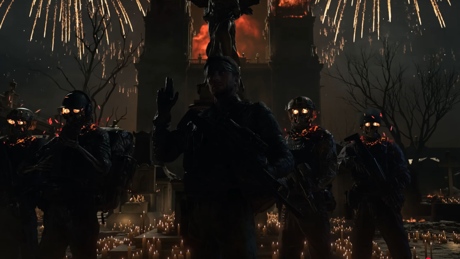 Oto szczegółowy opis obrazu:
Obraz przedstawia mroczną i pełną napięcia scenę nocną, rozgrywającą się na tle budowli, która przypomina kościół lub inną sakralną strukturę. W tle widać płomienie, sugerujące pożar lub jakiś rodzaj destrukcji. Na pierwszym planie znajduje się grupa mrocznych postaci, które wydają się być żołnierzami lub bojownikami.
Postacie te są ubrane w ciemne mundury lub pancerze, a ich twarze są ukryte pod hełmami lub maskami z jarzącymi się na czerwono oczami. Ich sylwetki są częściowo oświetlone przez płomienie w tle oraz liczne świece, które są rozstawione na ziemi.
W centrum obrazu znajduje się postać, która wyróżnia się na tle pozostałych. Podnosi ona palec w charakterystycznym geście, który może być interpretowany jako ostrzeżenie, groźba lub gest rytualny. Postać ta jest nieco bardziej oświetlona niż reszta, co sugeruje, że odgrywa kluczową rolę w tej scenie.
W tle, nad budowlą, widać fajerwerki. Ich jasne, rozproszone światło kontrastuje z ciemnością nocy i płomieniami pożaru, tworząc surrealistyczny i niepokojący efekt.
Atmosfera obrazu jest mroczna, tajemnicza i pełna napięcia. Dominują ciemne kolory, a jarzące się na czerwono oczy postaci dodają im grozy. Fajerwerki w tle, choć zwykle kojarzone z radością i świętowaniem, w tym kontekście nabierają złowieszczego charakteru, sugerując, że to, co się dzieje, nie jest powodem do radości.