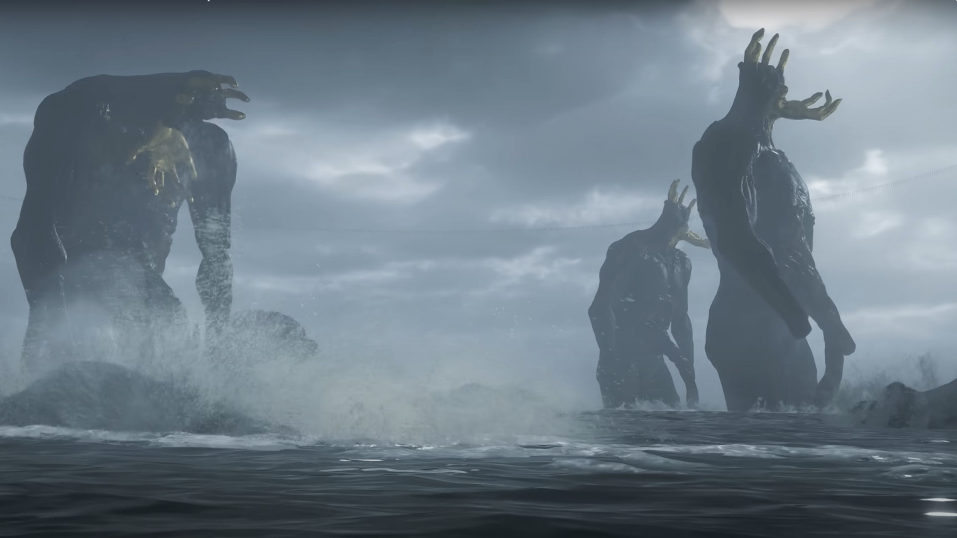 Obraz przedstawia mroczny i tajemniczy krajobraz morski, spowity gęstą mgłą i chmurami. Woda jest burzliwa, z widocznymi falami i pianą. Na pierwszym planie widać trzy ogromne, humanoidalne postacie, które wyłaniają się z wody.
Postacie te są masywne i mają ciemne, kamienne ciała. Ich głowy są wydłużone i zakończone czymś w rodzaju rogów lub macek. Dwie postacie stoją blisko siebie po prawej stronie kadru, a trzecia, nieco większa, znajduje się po lewej stronie. Wszystkie trzy postacie są skierowane w stronę widza.
Atmosfera obrazu jest przytłaczająca i pełna grozy. Dominują szarości i błękity, a chmury i mgła tworzą poczucie niepewności i zagrożenia. Postacie wydają się być starożytnymi, potężnymi istotami, które zamieszkują głębiny oceanu.