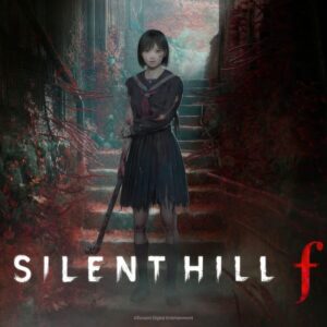 Plakat Silent Hill f, przedstawia główną bohaterkę, dziewczynkę z czarnymi włosami i w granatowym mundurku, bluzce i spódniczce oraz czerwonym krawacie, stoi ona na dole schodów, za nią widać korytarz i światło na jego końcu